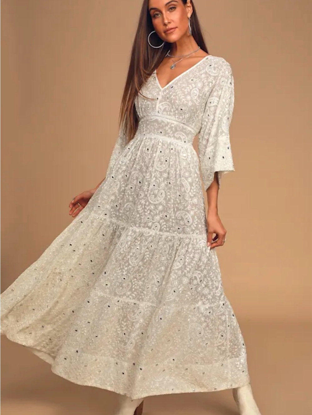 Lulu's Breezy Afternoon Cream Embroidered Tiered Maxi Dress